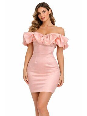 Blush Pink Satin Mini Dress Size 6 Off The Shoulder Built In Bra NWT